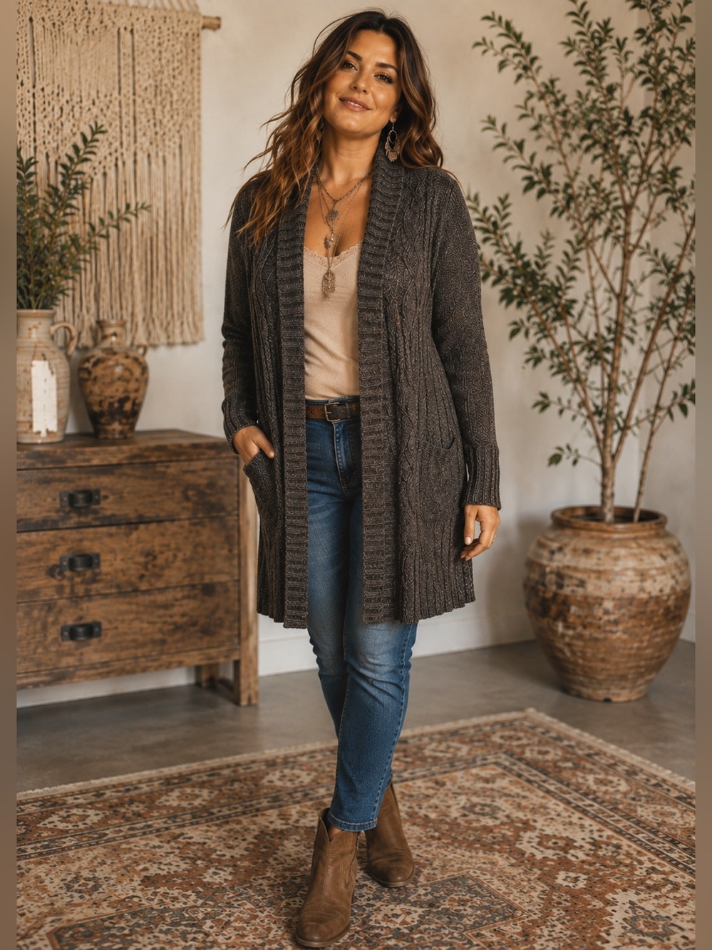 JMS Cable Knit Long Cardigan Sweater 1X 16W Brown Button Front Cozy Boho